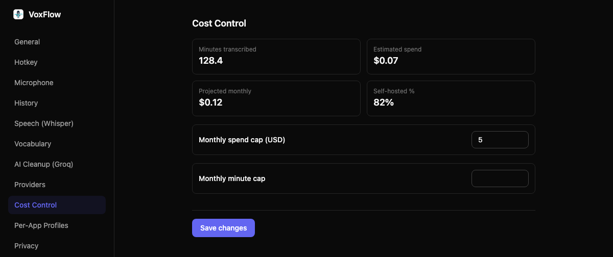 Watch what it costs — VoxFlow settings.