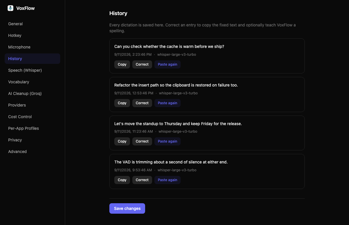 Every dictation, kept locally — VoxFlow settings.