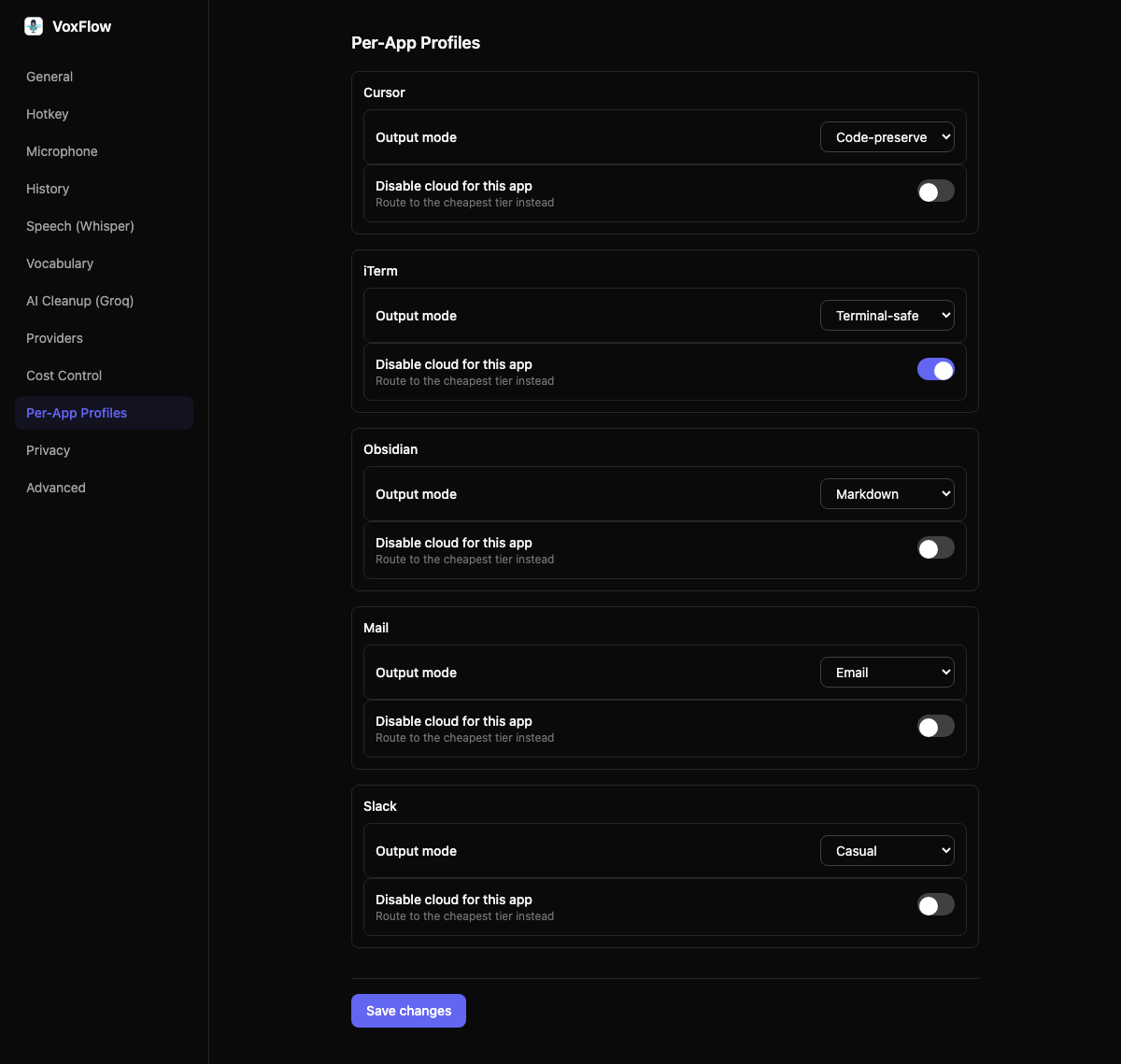Per-App Profiles in VoxFlow settings: Cursor set to Code-preserve, iTerm to Terminal-safe with cloud disabled, Obsidian to Markdown, and Mail to Email.