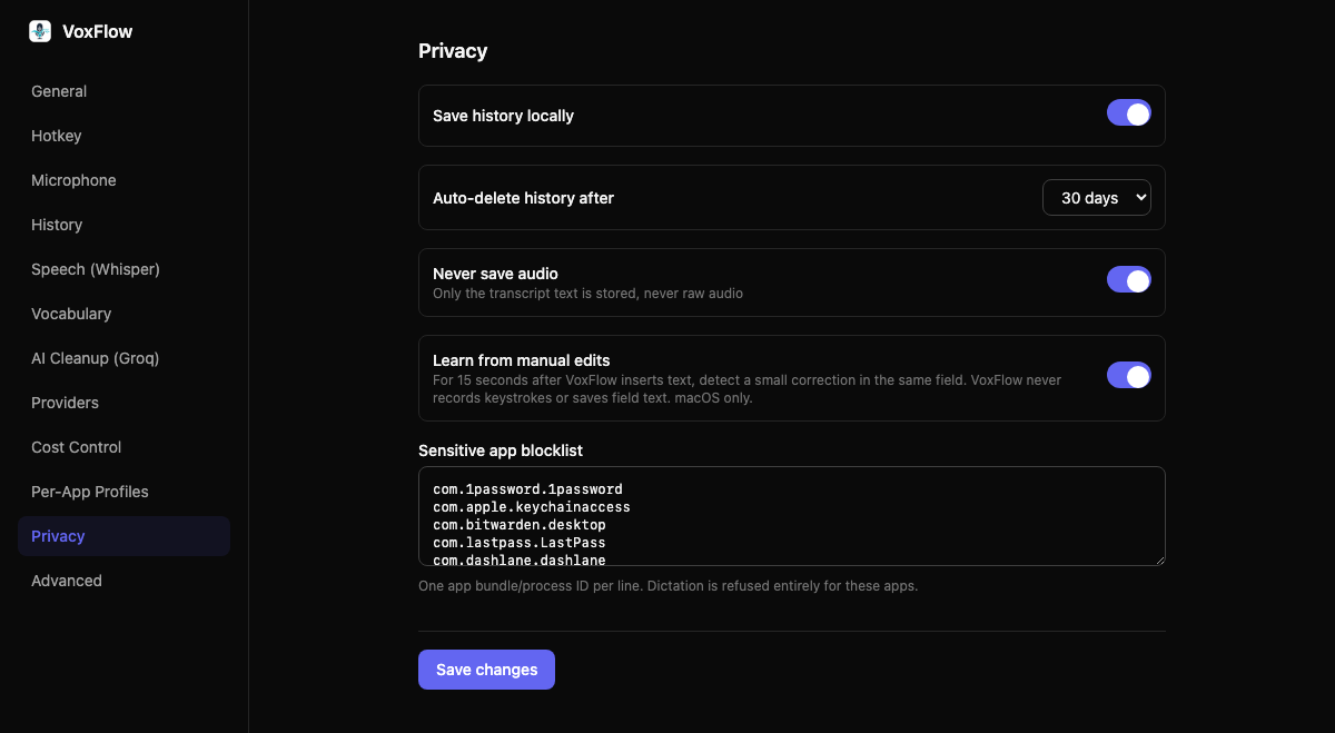 Privacy you can inspect — VoxFlow settings.