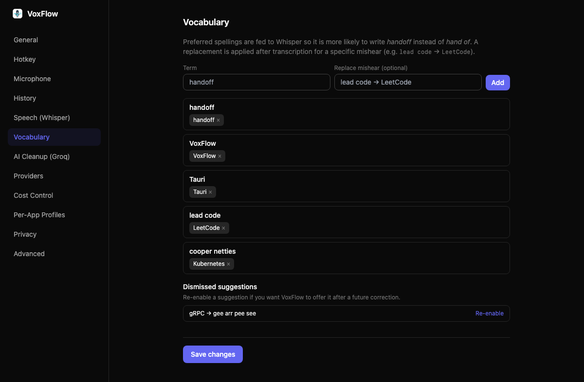 Teach it your vocabulary — VoxFlow settings.